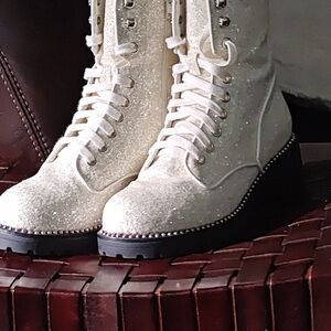 White Sequined Lace Up Boots Whimsigoth,Glamour,Alternative, Wedding, Punk W8M
